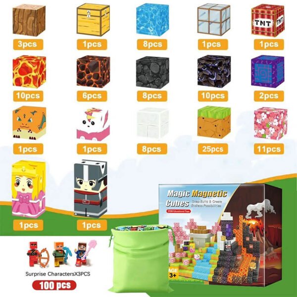 Bloques Magnéticos Minecraft Roblox para armar 100 piezas + 3 personajes